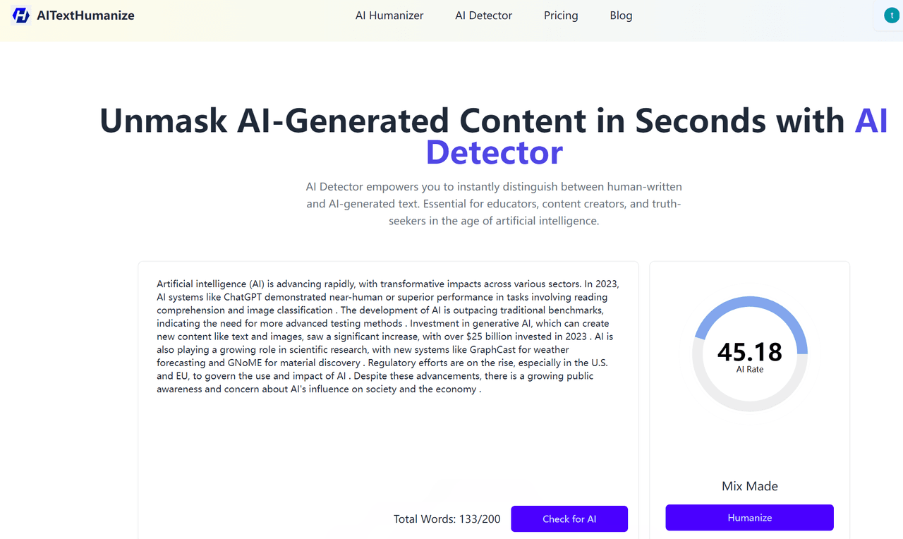 AITextHumanize AI Detector page