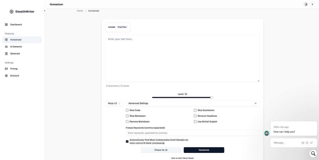 the user interface of StealthWriter AI Humanizer