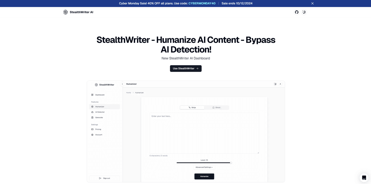 the user interface of StealthWriter AI